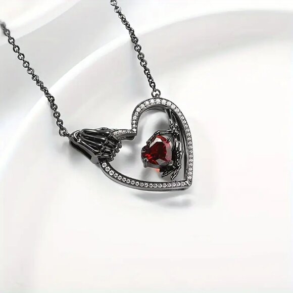 NEW Gothic Skeleton Hand Red Crystal Heart Pendant Necklace Black Gothic Jewelry - Picture 3 of 4